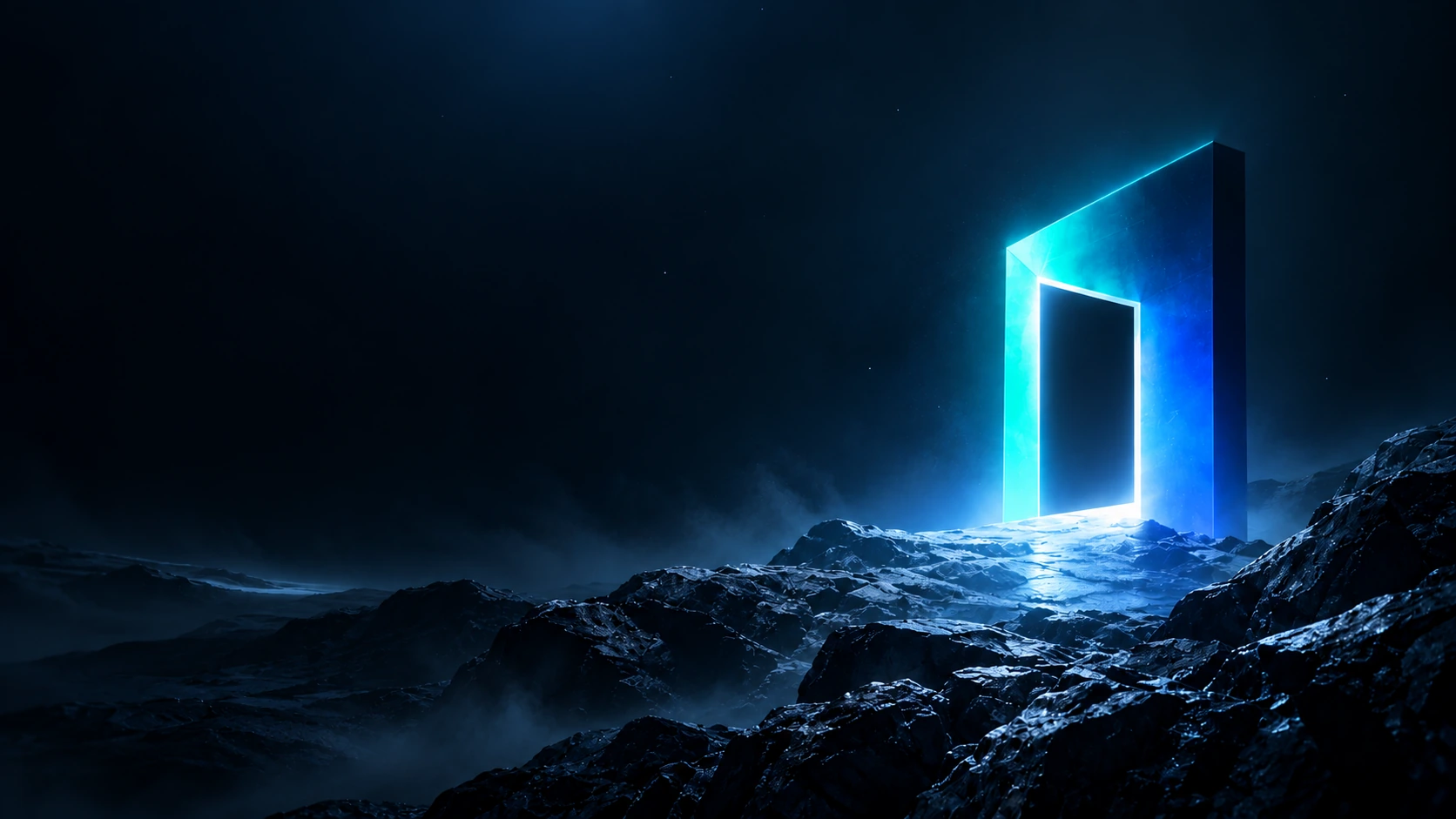 A luminous doorway in a dark mountain landscape